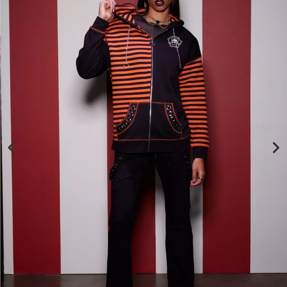 Skelanimals Diego Color Blocked Orange and Black Striped Hoodie - Picture 3 of 9